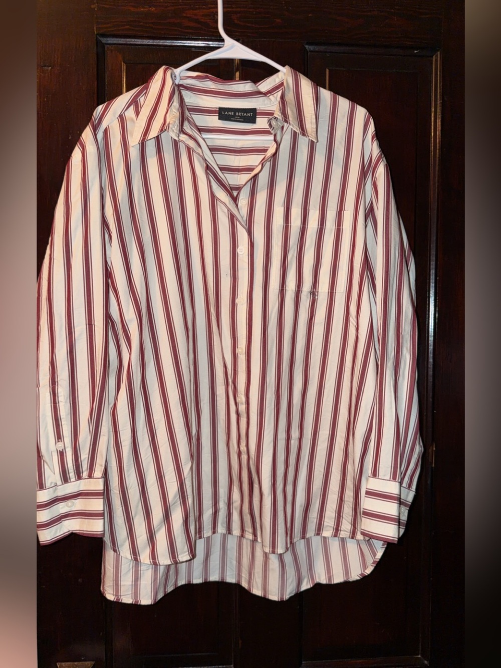 Lane Bryant White and Burgundy Striped Button-Down Shirt